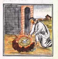 Ms Palat. 218-220 Livro IX Um europeu empenhado em fazer um relicário, do "códice florentino" de Bernardino de Sahagun, c.1540-85